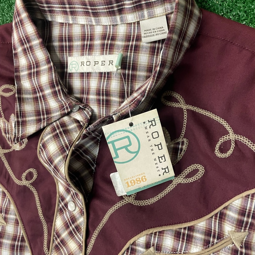 ROPERS WESTERN COWGIRL SNAP WINE CREAM TAN SMALL SCALE PLAID SIZE L-XL - Picture 7 of 11